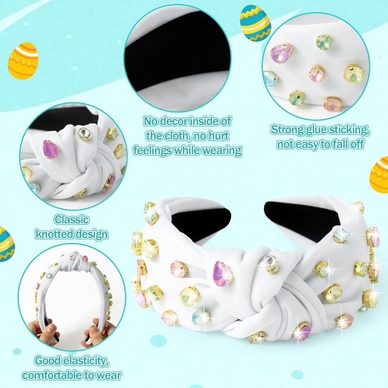 PANTIDE Easter Jeweled Knotted Headband - Colorful Rhinestone Crystal Embellished Headband Non Slip Wide Top Knot Costume Hairband Hair Accessories Spring Party Birthday Gift for Women Girls (White) - Image 3